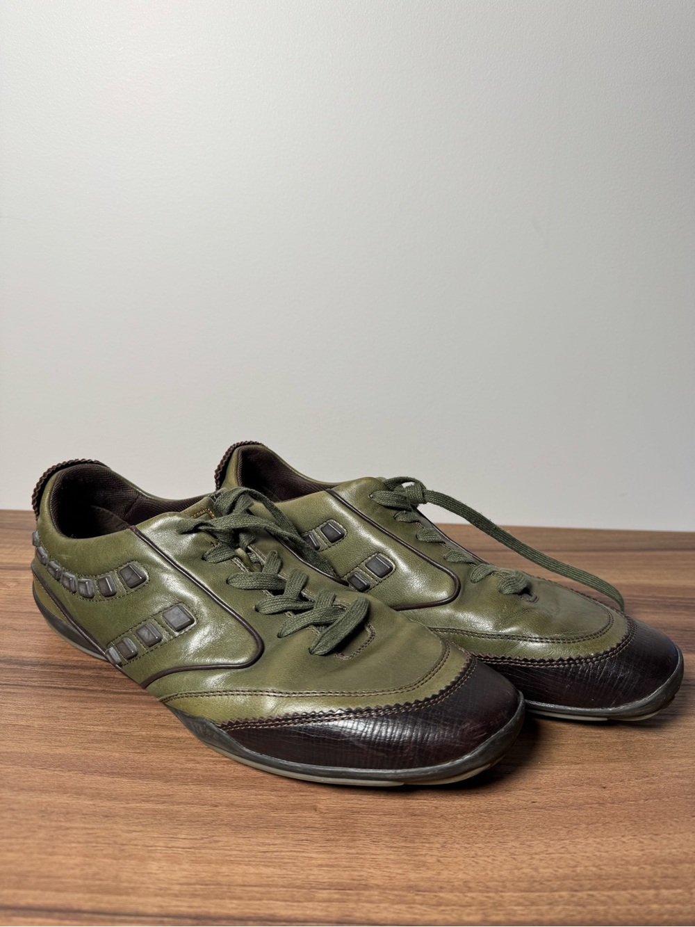Hugo boss Olive Green and Dark Brown Leather Lace-Up Sneakers 8,5 US